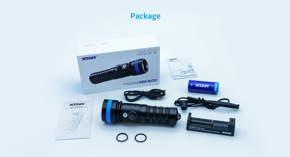 XTAR D26 1600 Lumen Scuba Diving Flashlight Dive Torch illuminates a 100-meter underwater deep sea cave.